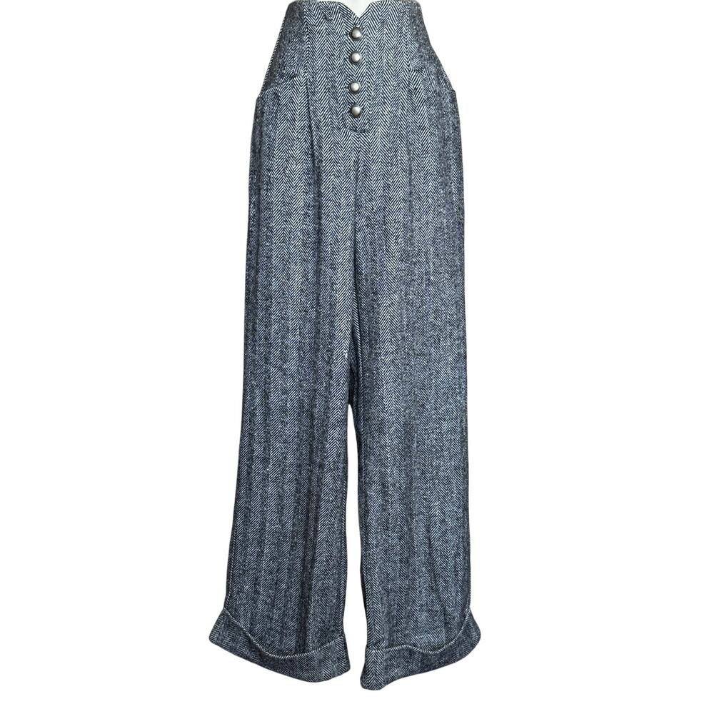 Unique Vintage 1940s Black White Woven Wide Leg  Pants with Cuffs M NWT - Picture 3 of 13